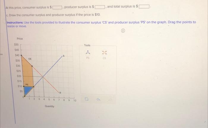 At this price, consumer surplus is \( \$ \) , producer surplus is \$ , and total surplus is \( \$ \)
c. Draw the consumer sur