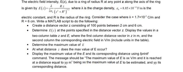 Solved The electric field intensity, E(z), due to a ring of | Chegg.com