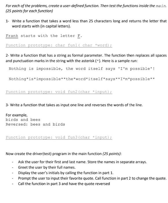 Solved For each of the problems, create a user-defined | Chegg.com
