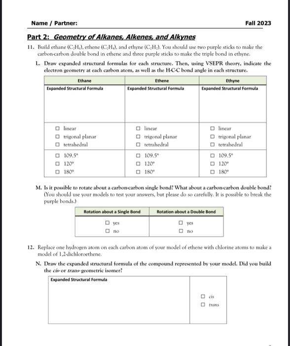 Solved Part 2 Geometry of Alkanes Alkenes and Alkynes 11