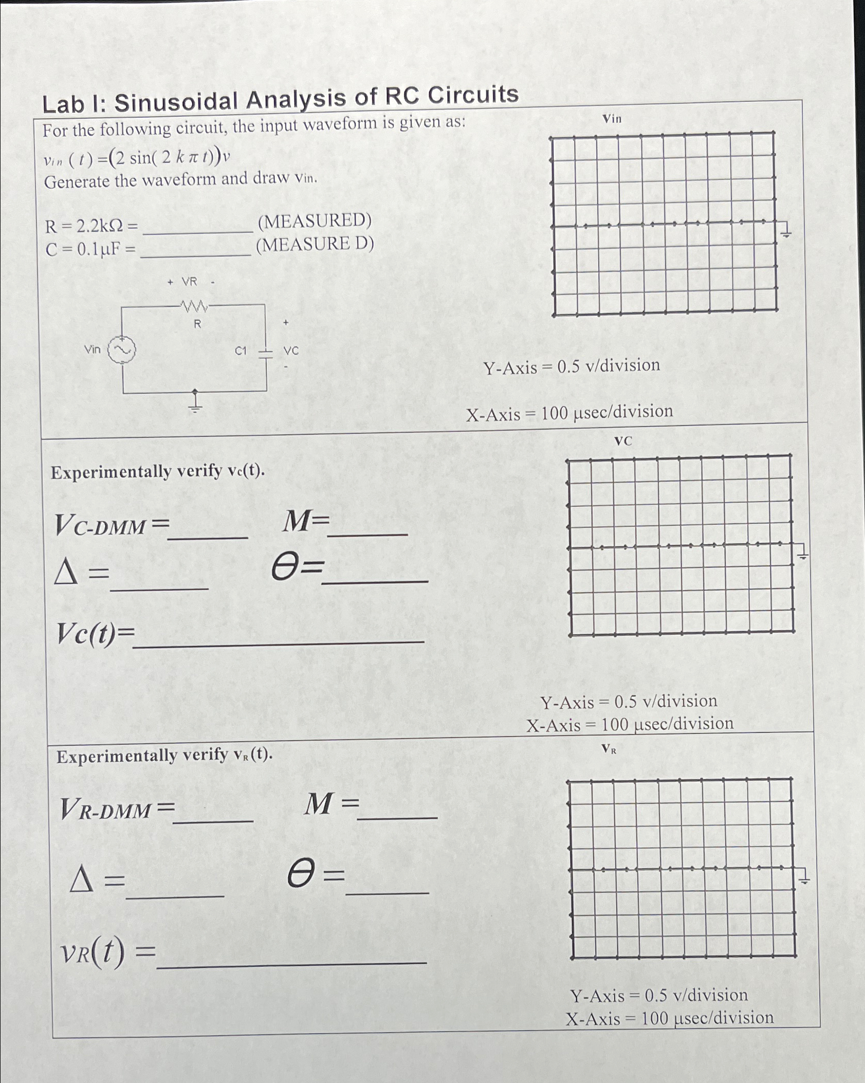 Solved Lab I: Sinusoidal Analysis of RC CircuitsFor the | Chegg.com