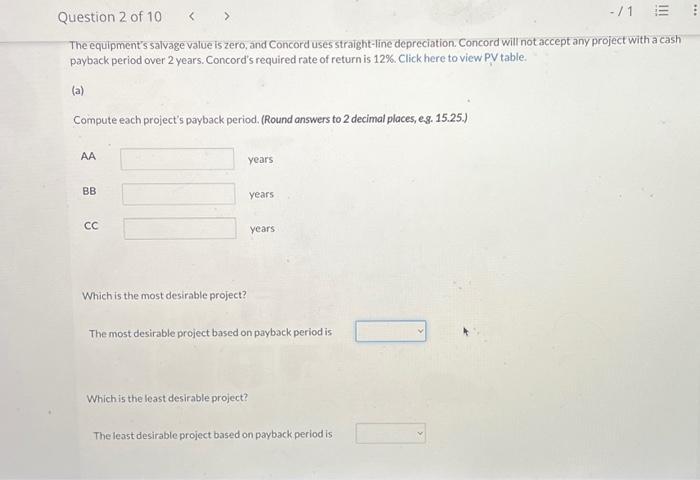 Solved Question 2 of 10 −/1 The equipment's salvage value is | Chegg.com