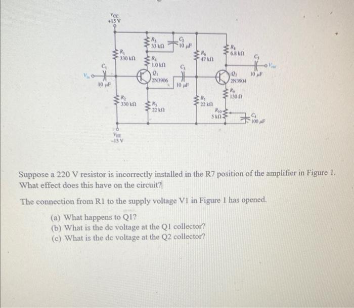 Suppose a \( 220 \mathrm{~V} \) resistor is incorrectly installed in the R7 position of the amplifier in Figure 1. What effec