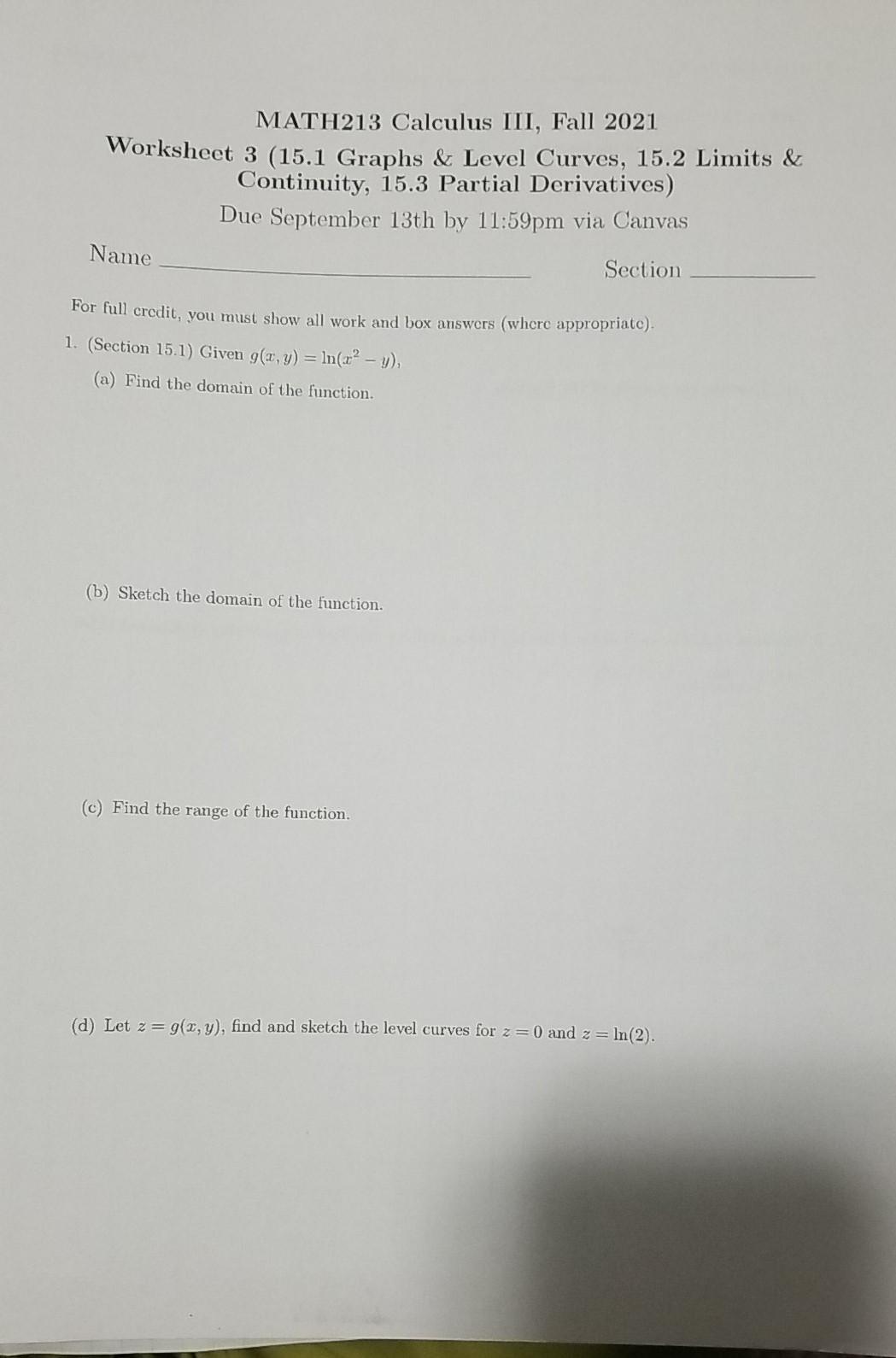 Math213 Calculus Iii Fall 21 Worksheet 3 15 1 Chegg Com