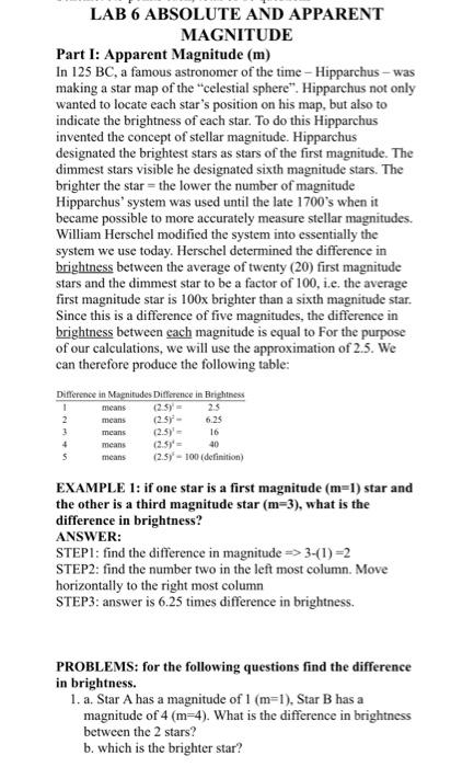 Solved LAB 6 ABSOLUTE AND APPARENT MAGNITUDE Part I: | Chegg.com