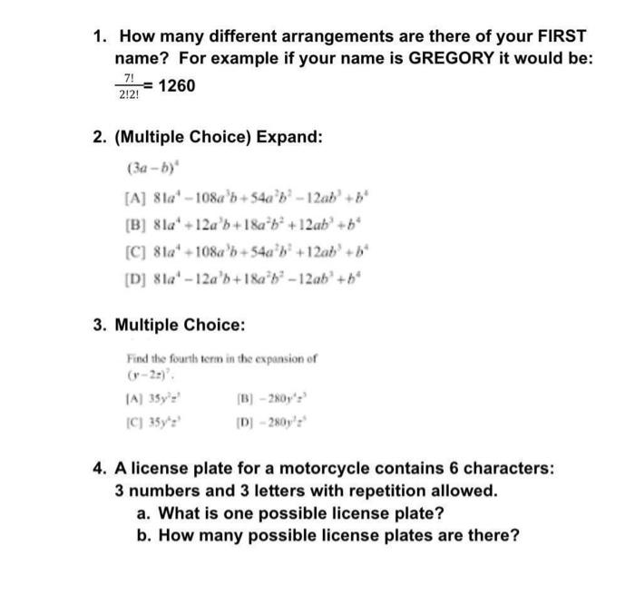 Solved 1. How many different arrangements are there of your | Chegg.com