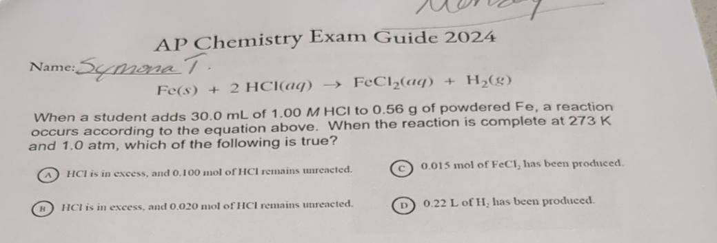 Solved AP Chemistry Exam Guide 2024Name: ﻿Symona T. | Chegg.com