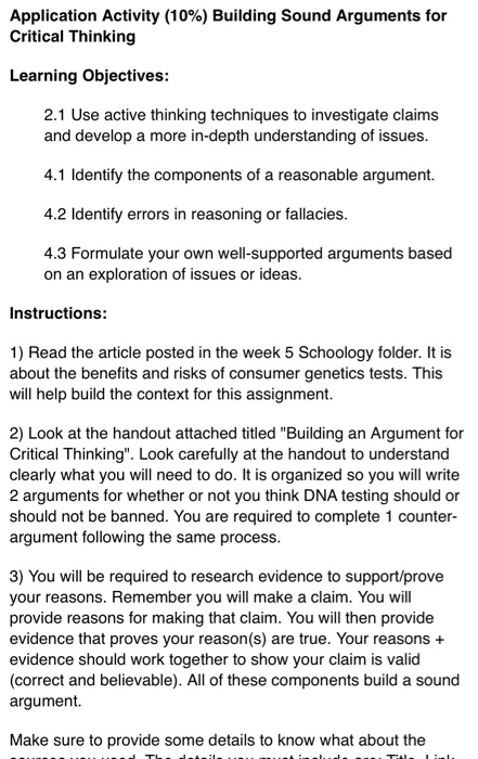 Application Activity (10%) Building Sound Arguments | Chegg.com