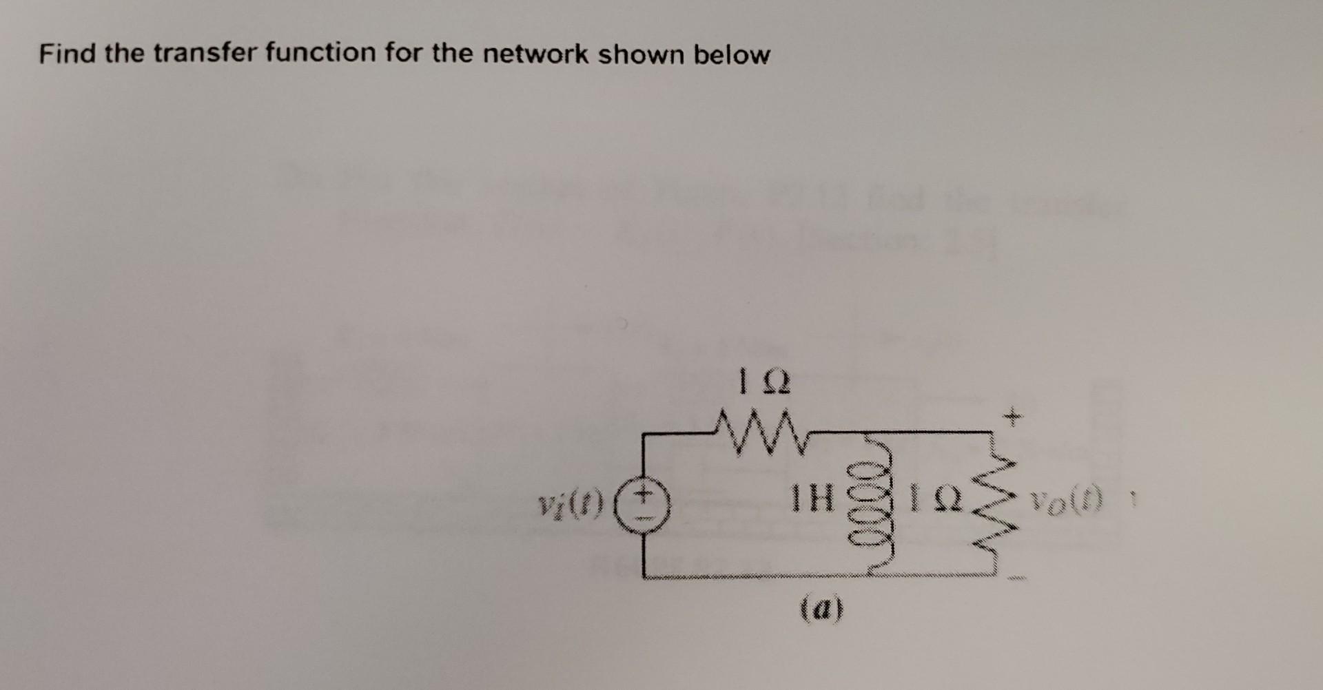 Solved Find The Transfer Function For The Network Shown | Chegg.com