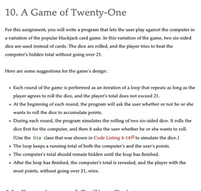 Solved 10. A Game of Twenty-One For this assignment, you | Chegg.com