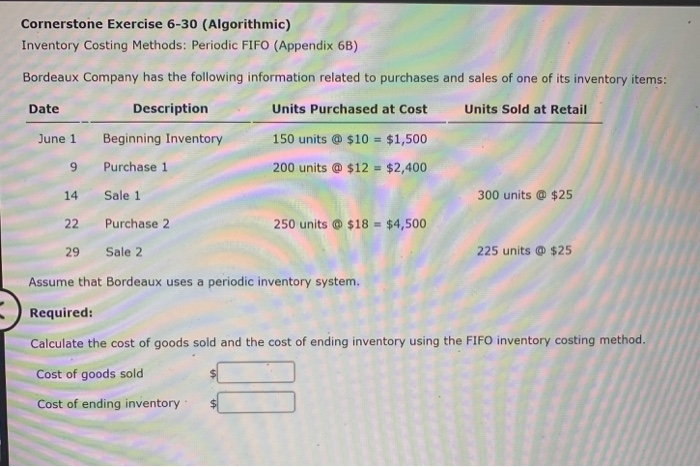 Solved Cornerstone Exercise 6-30 (Algorithmic) Inventory | Chegg.com