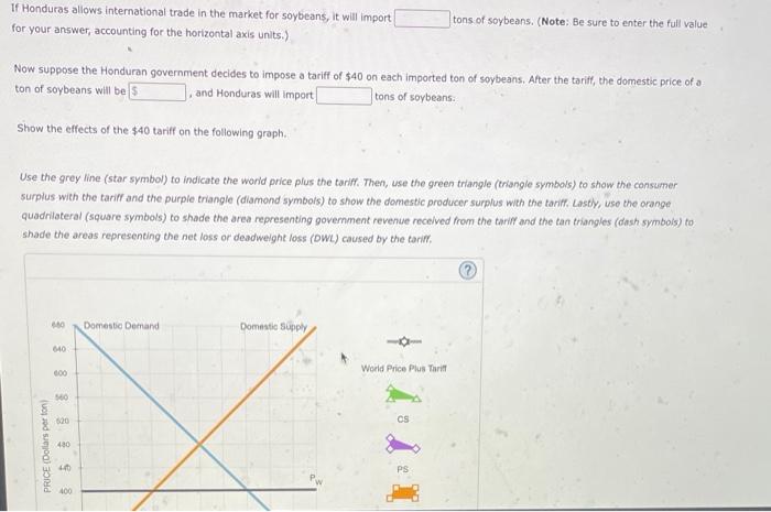 If Honduras allows international trade in the market for soybeans, it will import tons of soybeans. (Note: Be sure to enter t