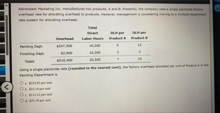 Solved Adirondack Marketing Inc. Manufactures Two Products, | Chegg.com