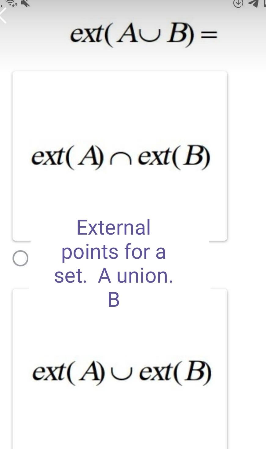 Solved 2 ext(AUB)= ext(A) n ext(B) External points for a | Chegg.com