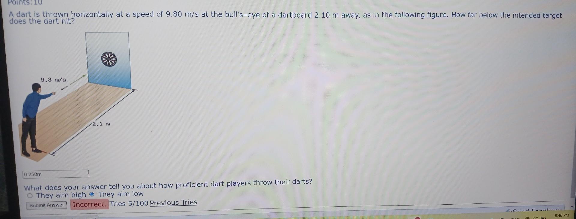 Solved A dart is thrown horizontally at a speed of 9.80 m/s