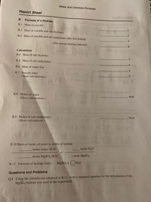 Solved Moles And Chemical Formulas Report Sheet B Formul Chegg Com