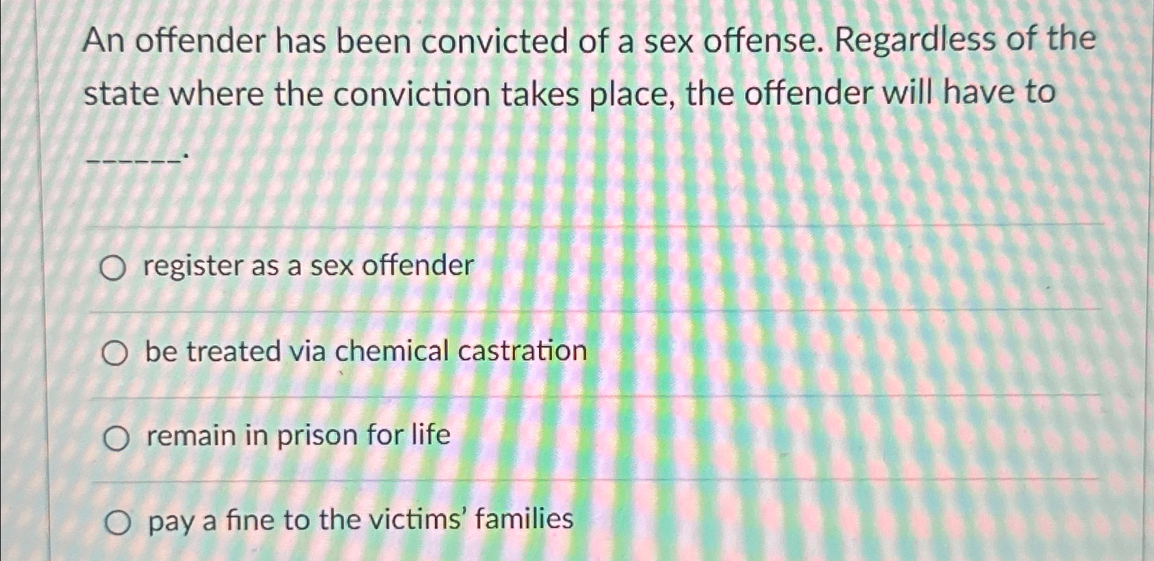 Solved An offender has been convicted of a sex offense. | Chegg.com