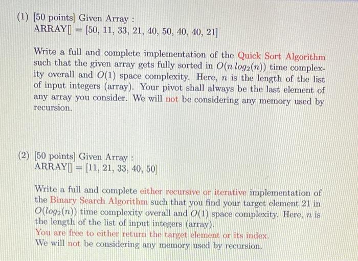 (1) [50 points] Given Array : ARRAY] | Chegg.com