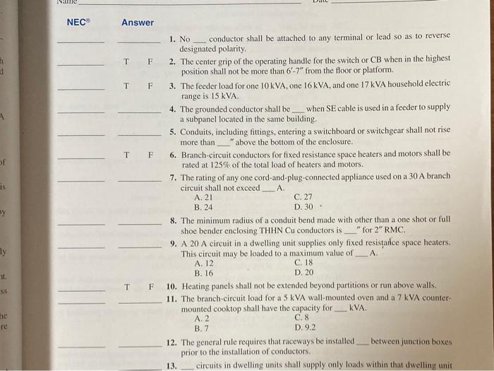 Solved Ne NEC Answer TF TF TF of 15 1. No conductor shall be | Chegg.com