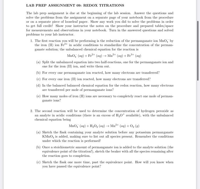 Solved LAB PREP ASSIGNMENT 09 REDOX TITRATIONS The lab prep