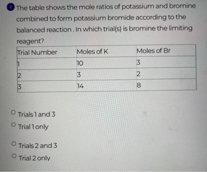 Solved 2 The table shows the mole ratios of potassium and
