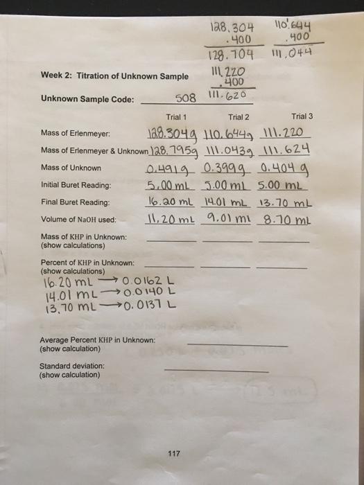 Solved Experiment 7 Acid Base Titration Data Sheet Week Chegg Com