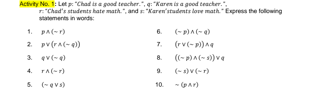 Solved Activity No. 1: Let p: 
