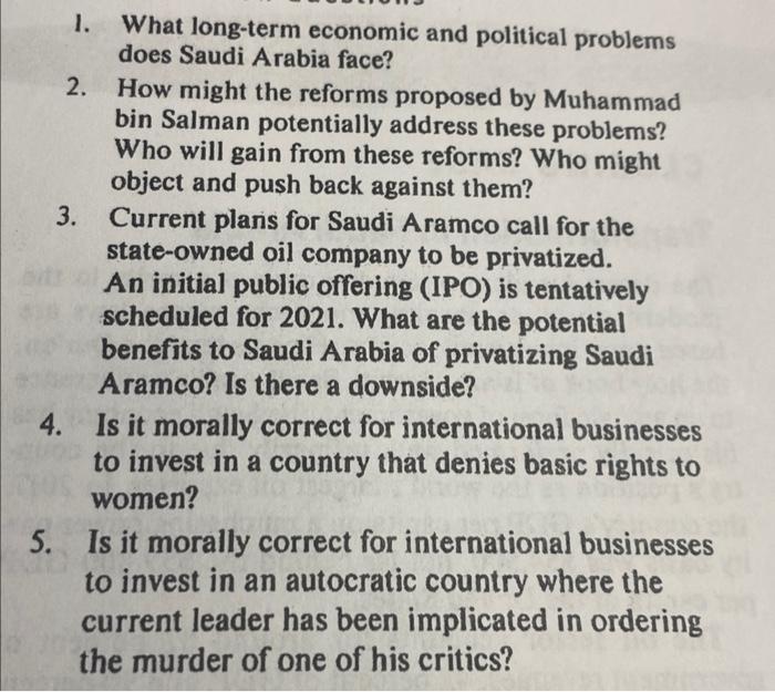 1. What long-term economic and political problems does Saudi Arabia face?
2. How might the reforms proposed by Muhammad bin S