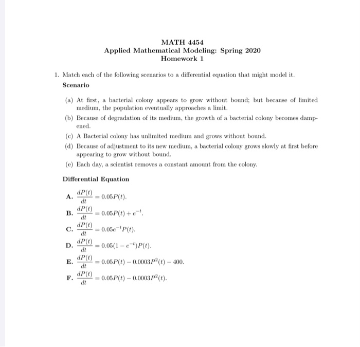 Solved MATH 4454 Applied Mathematical Modeling: Spring 2020 | Chegg.com