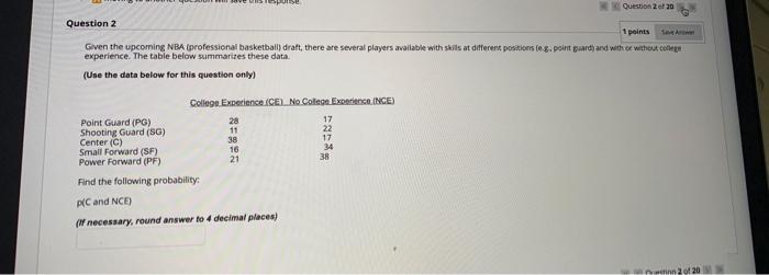 Solved Question 1 1 points Save Aw! Given the upcoming NBA | Chegg.com