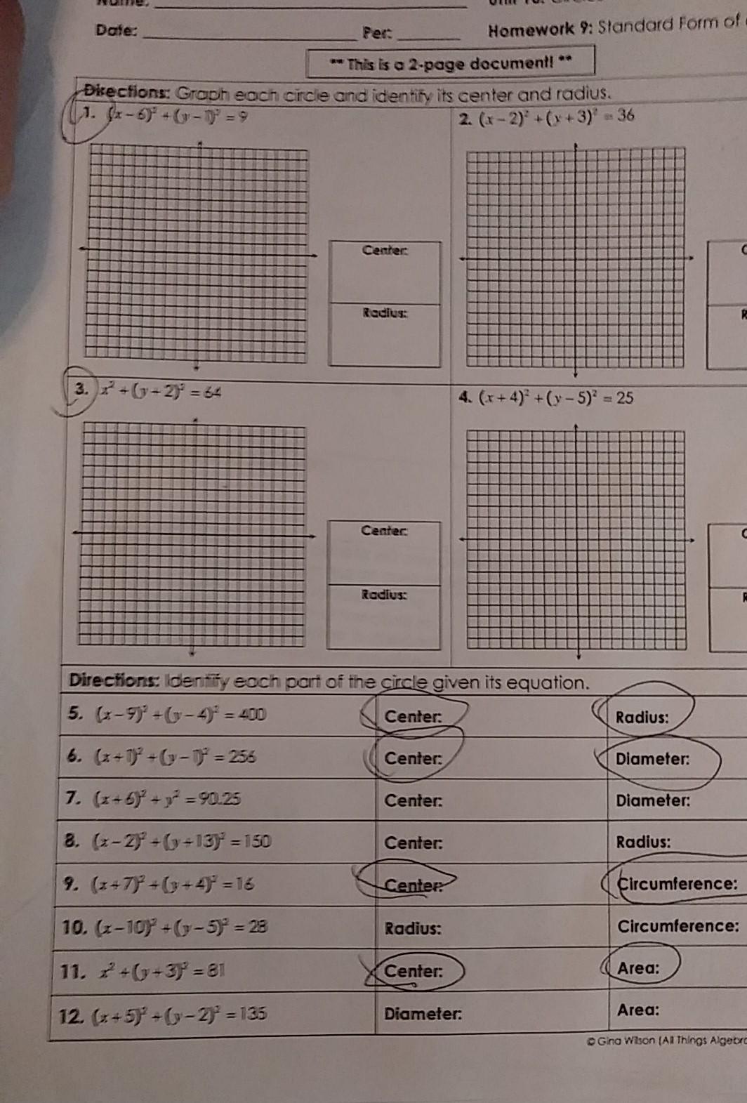 Unit 10 Homework 10 Equations Of Circles Questions 11 12 Unit 10 