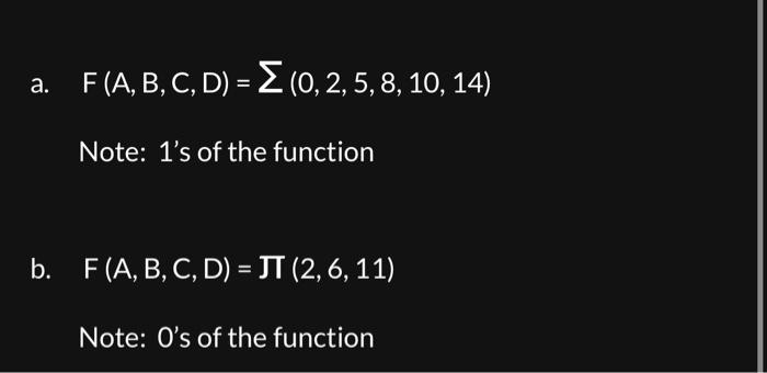 \[
F(A, B, C, D)=\sum(0,2,5,8,10,14)
\]
Note: 1 s of the function
\[
\mathrm{F}(\mathrm{A}, \mathrm{B}, \mathrm{C}, \mathrm{