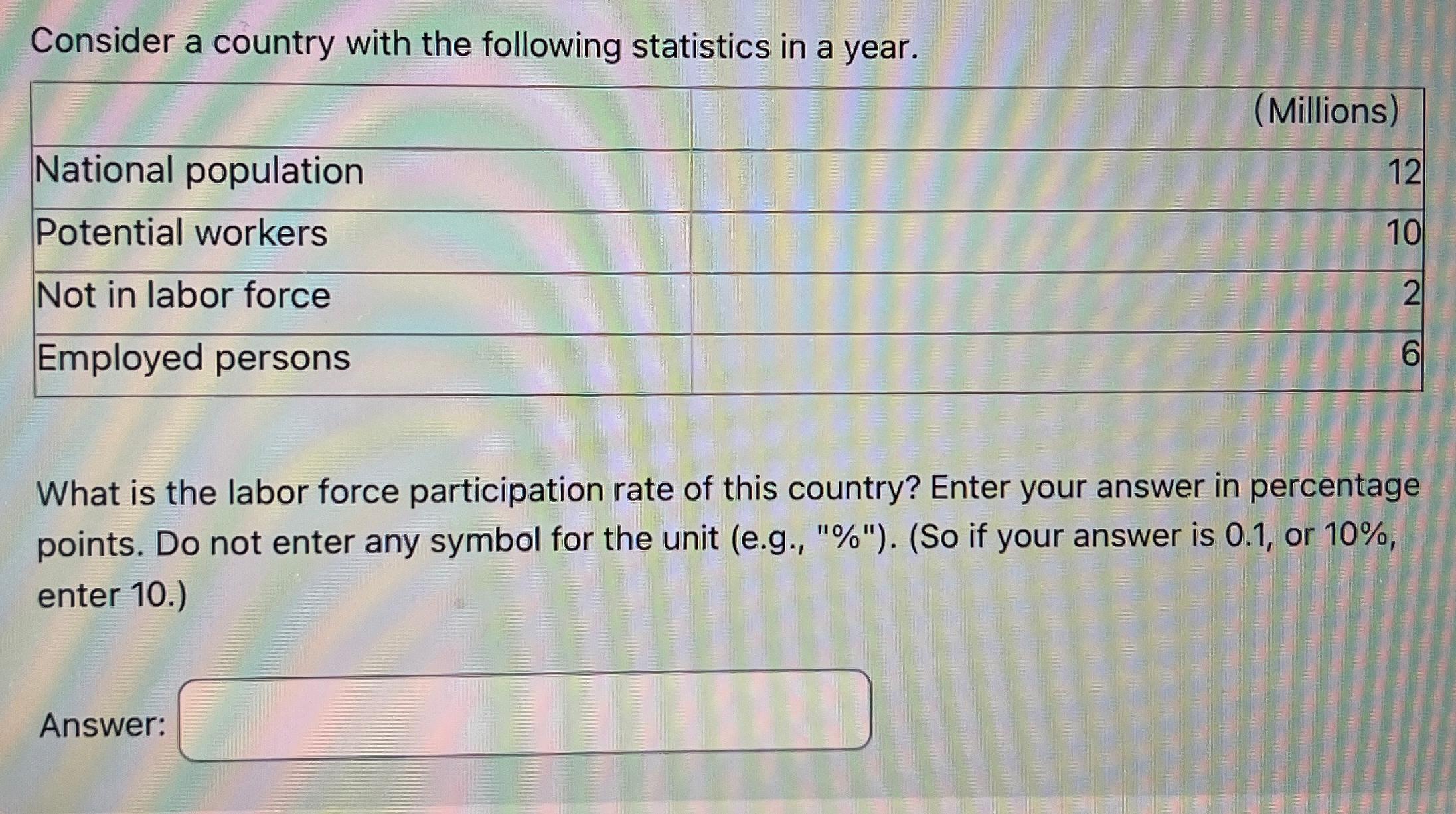 Solved Consider A Country With The Following Statistics In A | Chegg.com