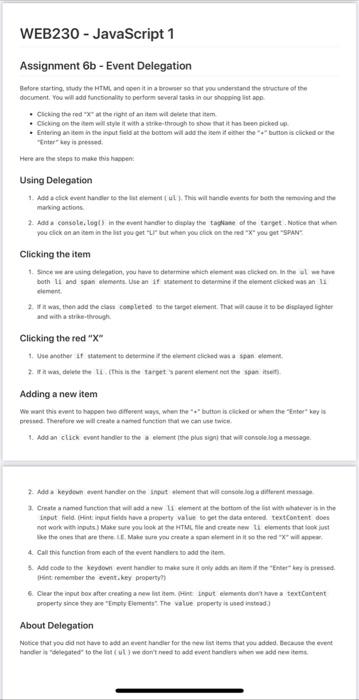 Solved WEB230-JavaScript 1 Assignment 6b - Event Delegation | Chegg.com
