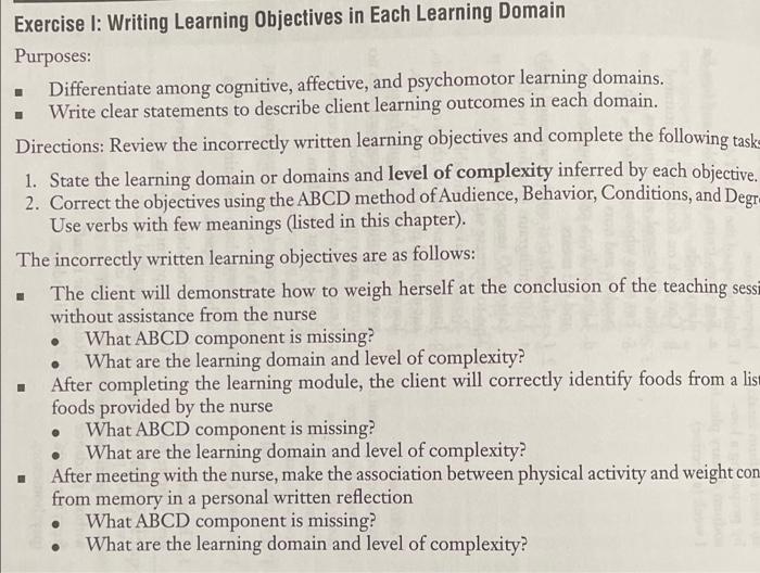 Exercise I: Writing Learning Objectives in Each | Chegg.com