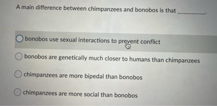 Solved A main difference between chimpanzees and bonobos is | Chegg.com