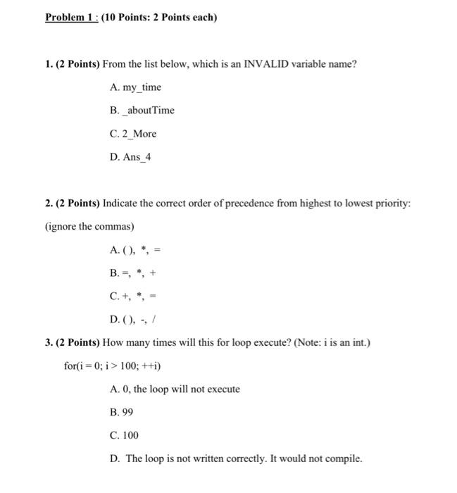 Solved Problem 1: (10 Points: 2 Points each) 1. (2 Points) | Chegg.com