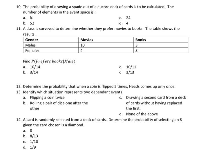 Solved 10. The probability of drawing a spade out of a | Chegg.com