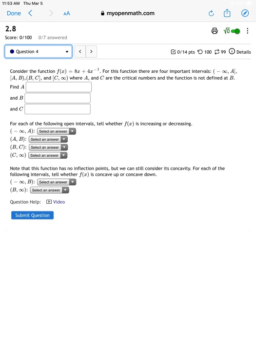 Solved 11:53 AM Thu Mar 5 Done A myopenmath.com 2.8 | Chegg.com