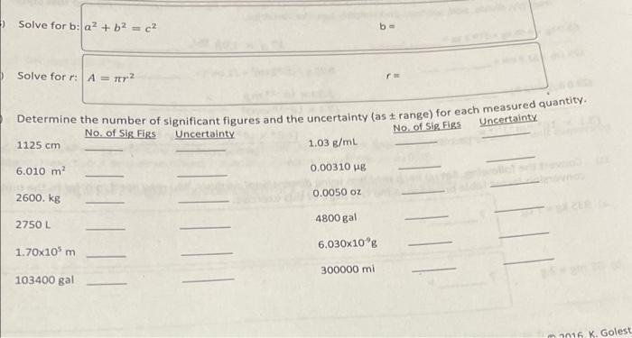 Solved ) Solve for b: a2 + b2 = c2 b- Solve for r: A = 2 | Chegg.com