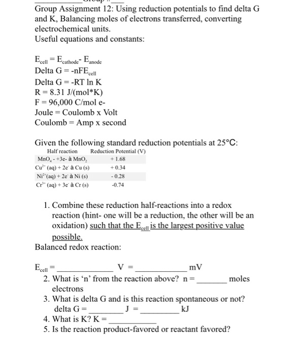 Solved Group Assignment 12 Using Reduction Potentials To Chegg Com