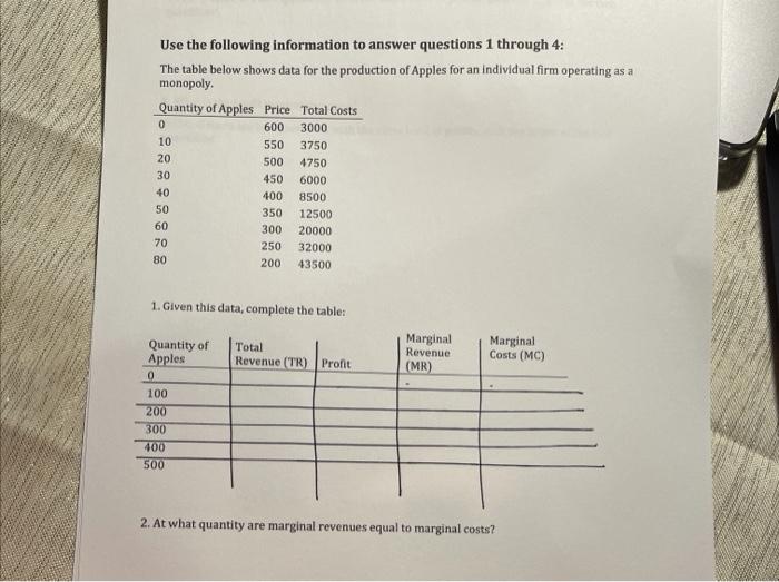 Solved Use The Following Information To Answer Questions 1 | Chegg.com