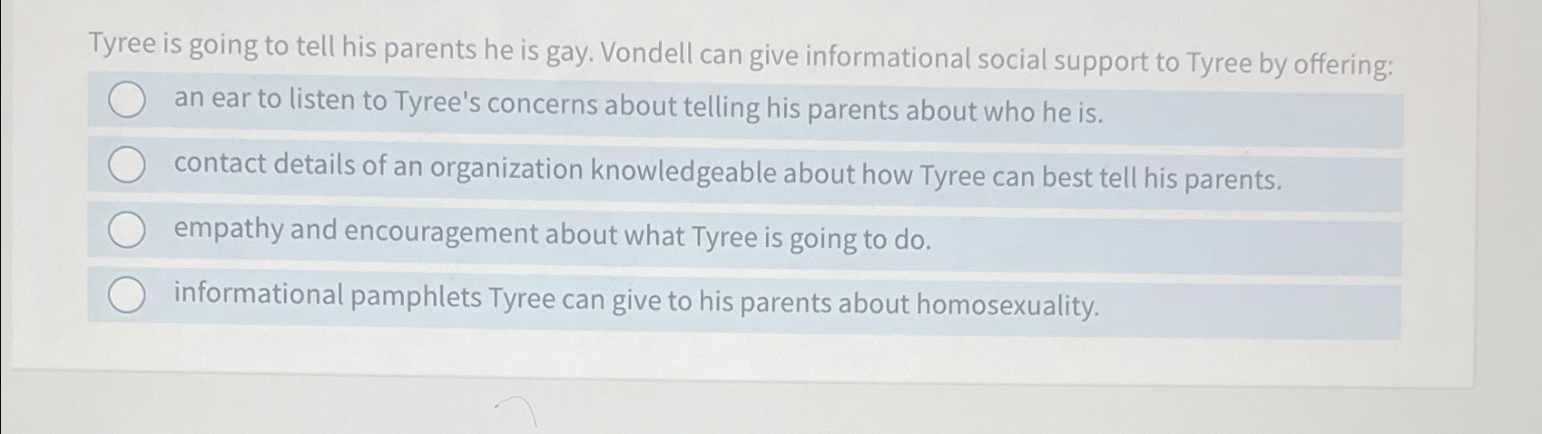 Solved Tyree is going to tell his parents he is gay. Vondell | Chegg.com