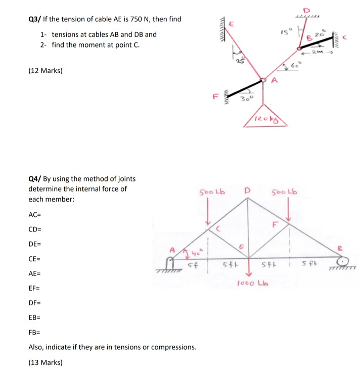 Solved Q3 If The Tension Of Cable Ae Is 750 N Then Find Chegg Com