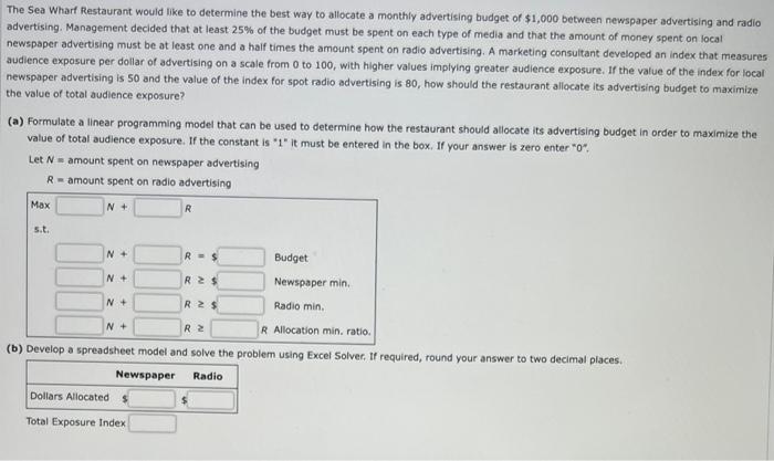 The Sea Wharf Restaurant would like to determine the best way to allocate a monthly advertising budget of \( \$ 1,000 \) betw