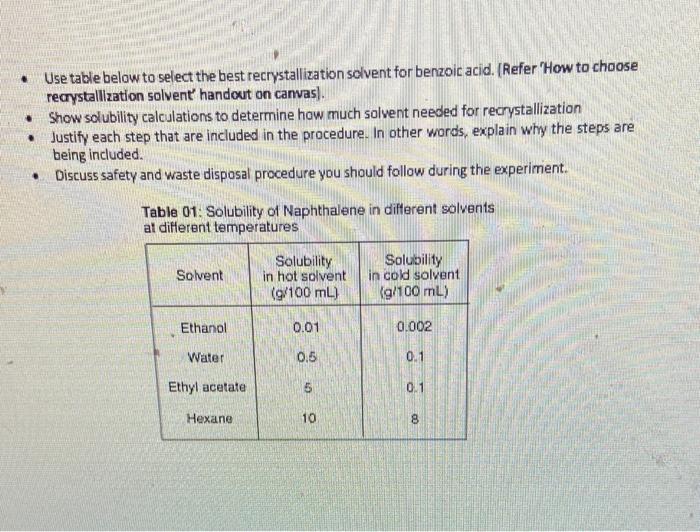 Solved Use table below to select the best recrystallization