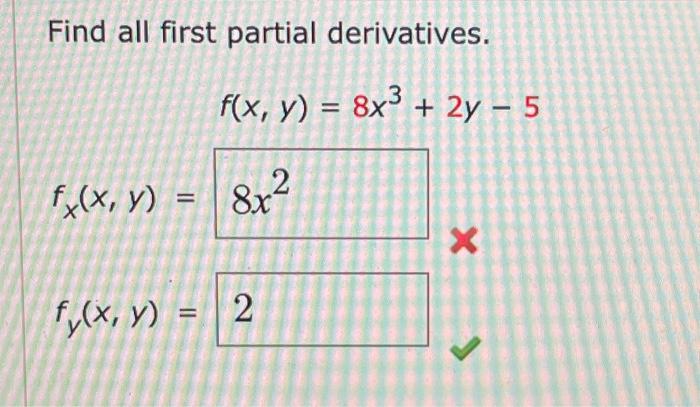 Find all first partial derivatives. \[ f(x, y)=8 x^{3}+2 y-5 \]