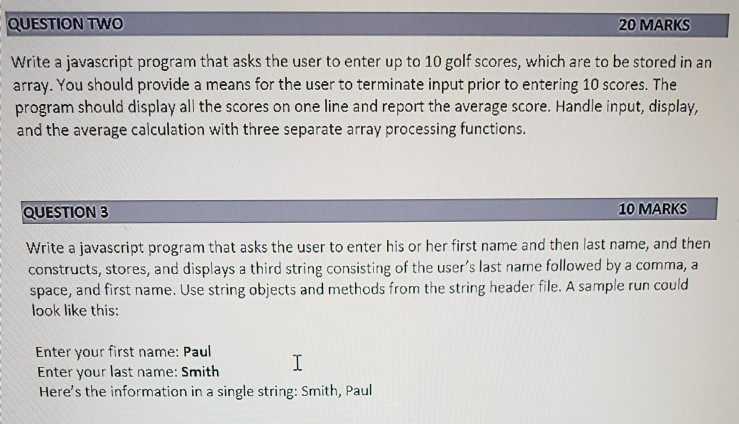 Solved QUESTION TWO 20 MARKS Write a javascript program that | Chegg.com