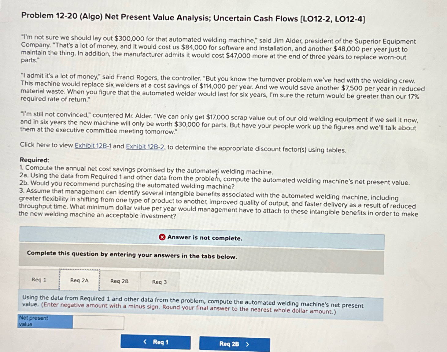 Solved Problem 12-20 (Algo) ﻿Net Present Value Analysis; | Chegg.com