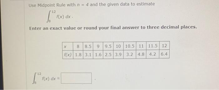 Solved Use Midpoint Rule with n=4 and the given data to | Chegg.com